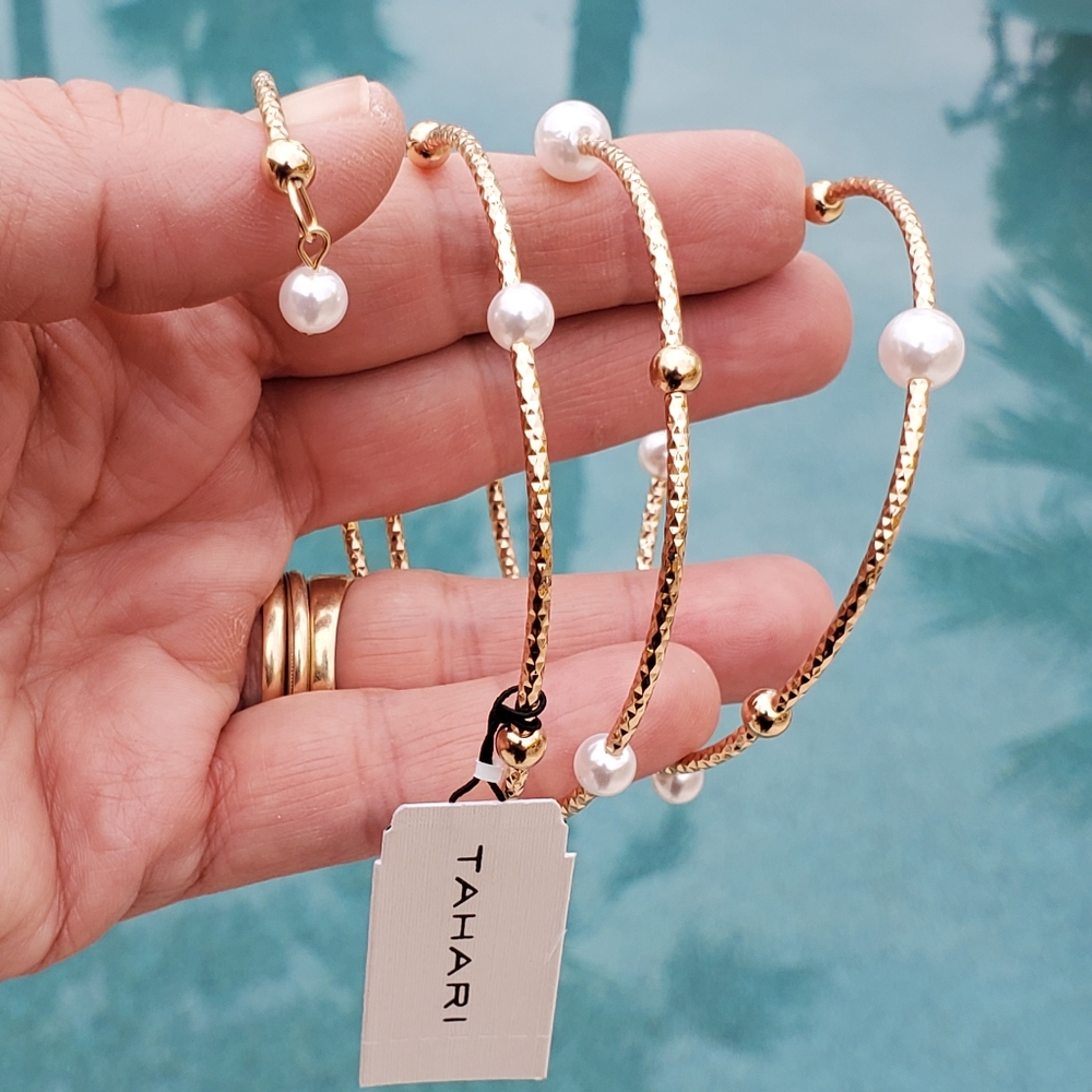TAHARI Hammered Gold Pearl Coil Bracelet Memory Wire Wrap Spiral Bangle Bypass - Picture 10 of 11